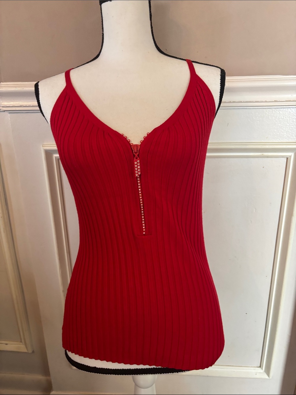 Belldini Red Ribbed V-Neck Camisole with Decorative Front Zip